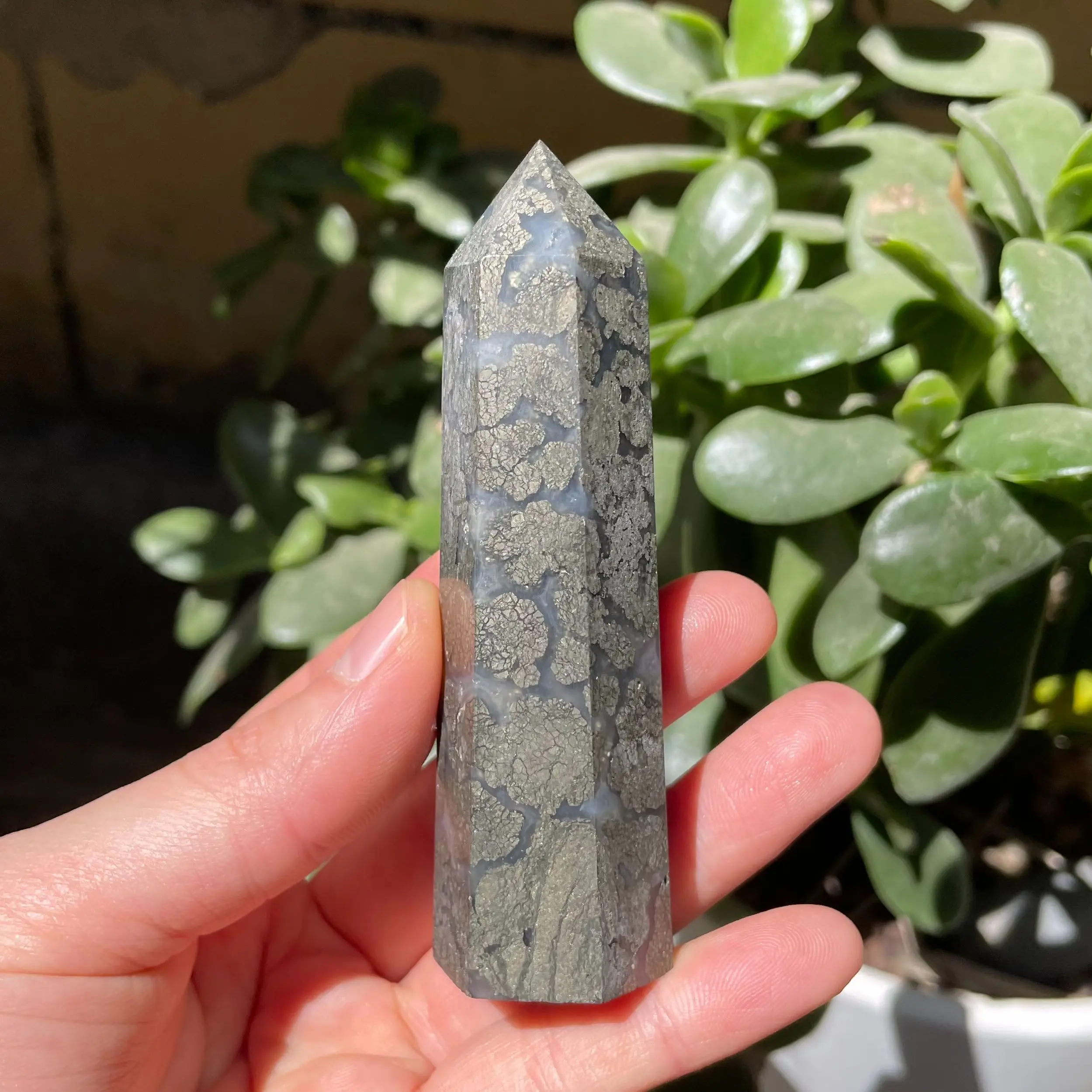 Natural Agate and pyrite associated pyrite Obelisk Pyrite Quartz Wand Beautiful Ornament for Home Decor Energy Stone Pyramid