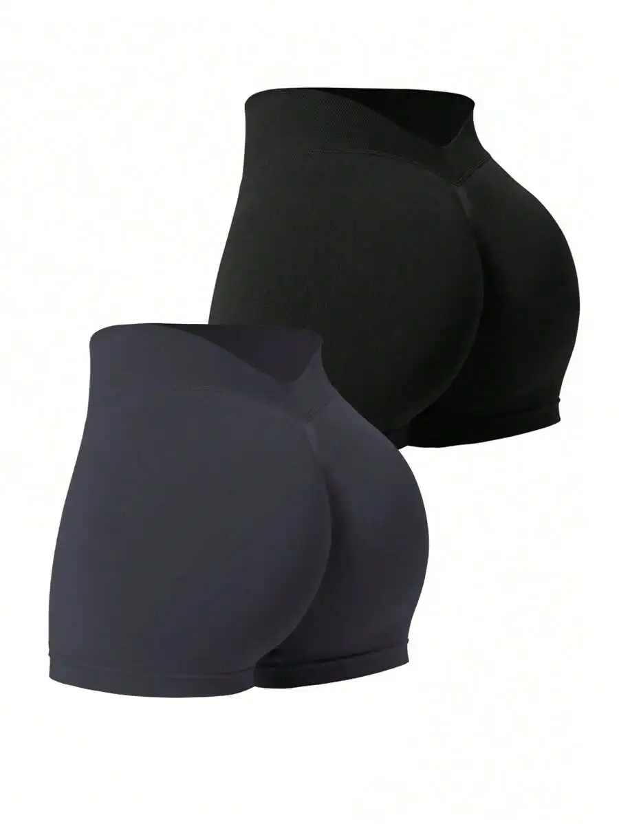 

Velisys 2pcs Solid Color Simple Fashion Biker Shorts, Women Summer High Waist Stretch Casual Sport Shorts