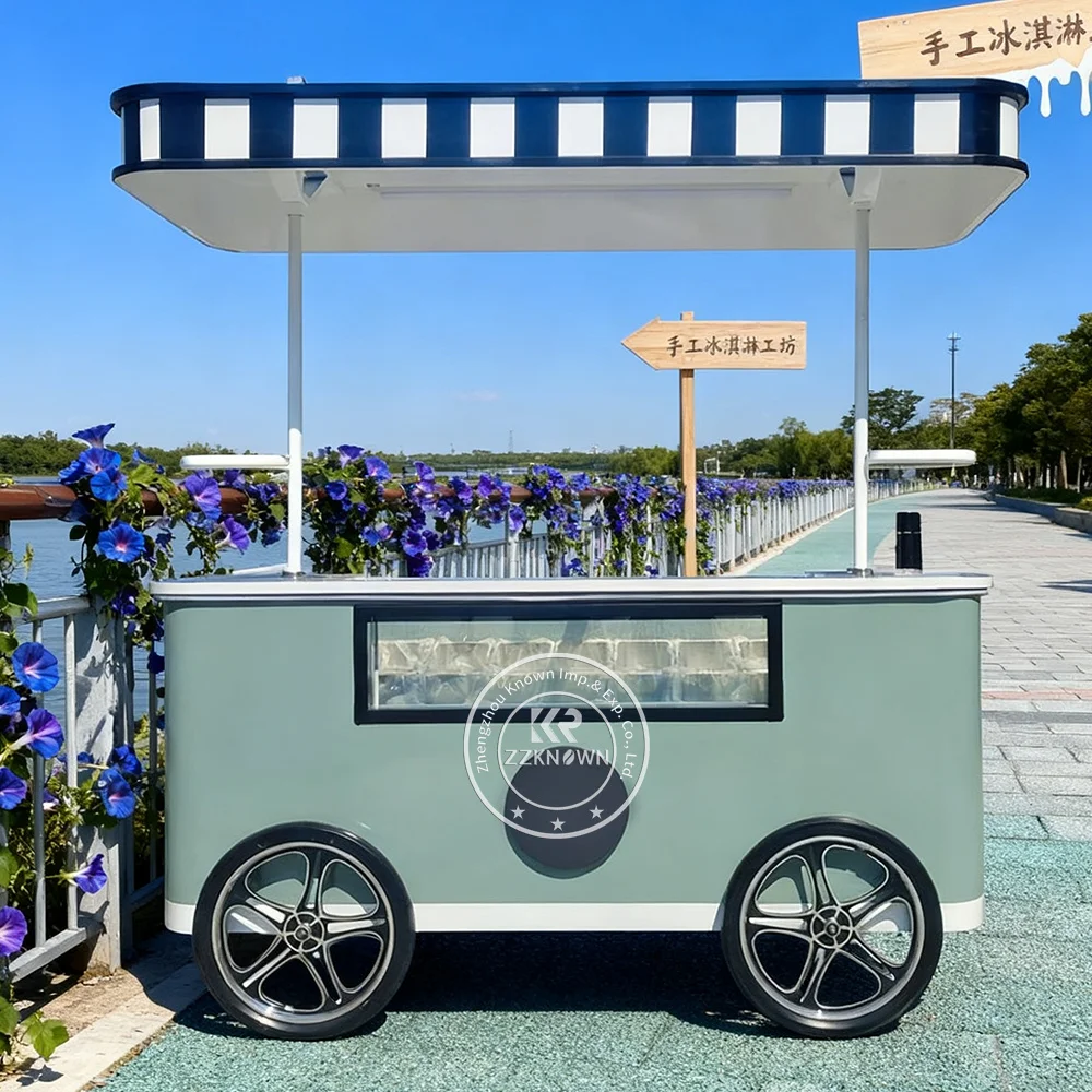 

Outdoor Mobile Food and Beverage Cart Portable Cooling Dessert Italian Style Gelato Ice Cream Cart Push Cart For Outdoor