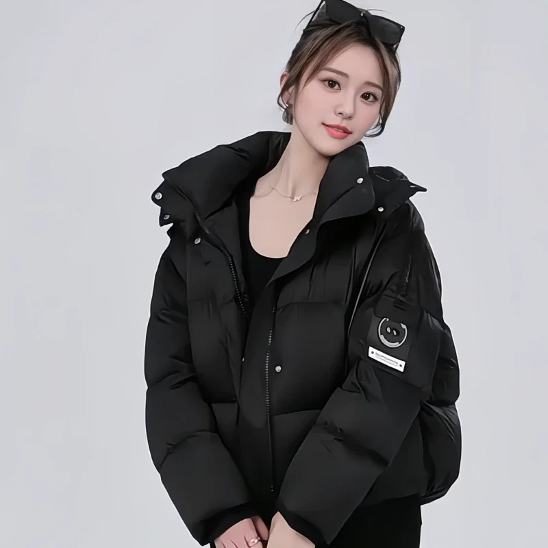 Detachable Hood Cargo Pocket Puffer Jacket Women Letter Print Sleeve Patch Loose Cropped Bubble Coat Streetwear Winter Parka
