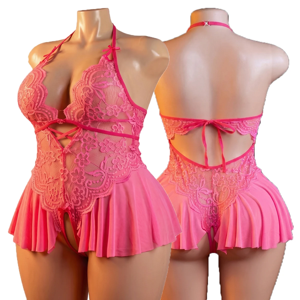 Lencería Erótica de Talla Grande: Body de Encaje Sexy con Volantes, Minifalda, Cuello Halter, Espalda Descubierta, Ropa Transparente para Dormir, Tallas 1XL-4XL