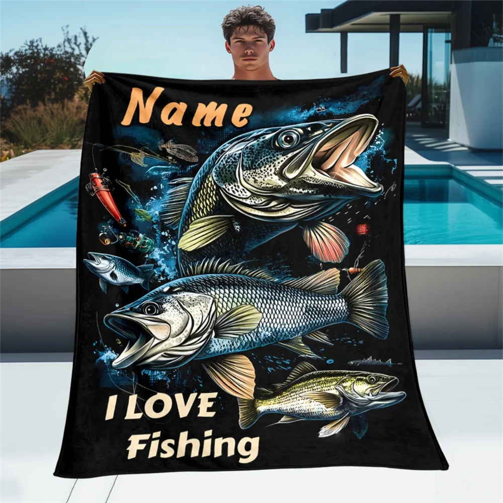 Custom name fishing enthusiast flannel blanket, soft blanket, suitable for sofa, bed, birthdays, children, friends, gifts