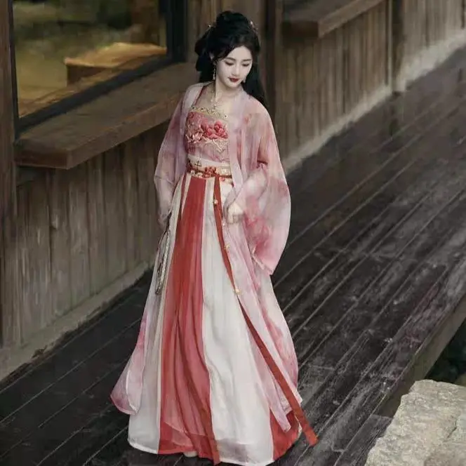 

New Hanfu Song Dynasty Printed Embroidered Long Shirt Camisole Pleated Skirt Set Chinese Style Traditional Hanfu