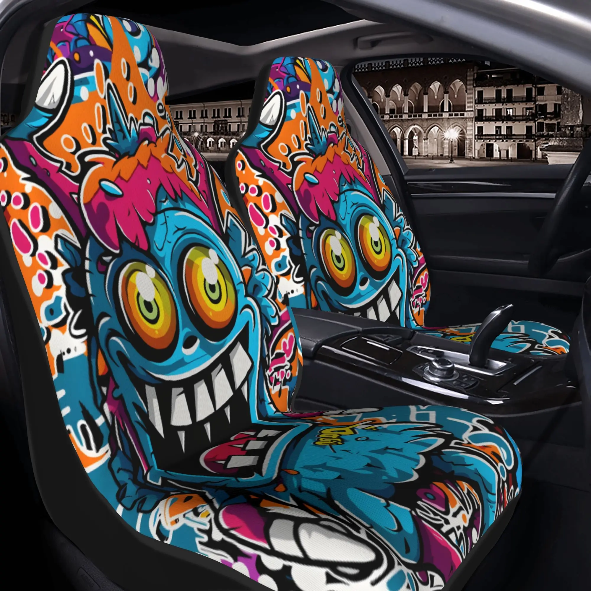2pcs Vibrant Colorful Monster With Big Eyes And Sharp Teeth In Graffiti ArtworkCar Seat Covers, Suitable For All Vehicles, Chris