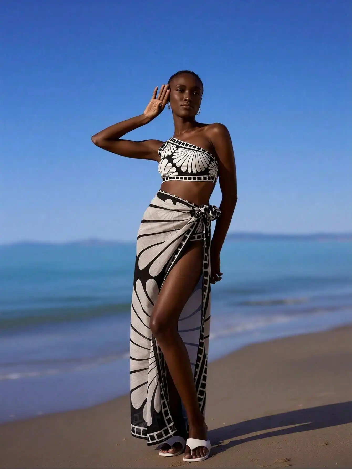2026 New Shell Print One-Shoulder Swimsuit Set, Bandeau Top + High Slit Sarong Cover Up