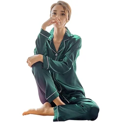 Pijama de satén de seda de manga larga para mujer, conjunto de ropa para dormir de dos piezas, para estar en cama, de talla grande y en variedad de colores disponibles