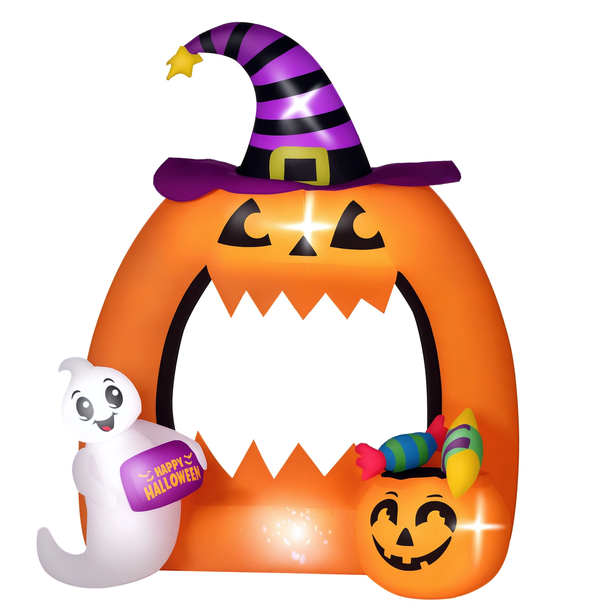 Aufblasbare Halloween-Kürbisbogen-Dekoration 150 cm mit niedlichem Geistermotiv und LED-Beleuchtung
