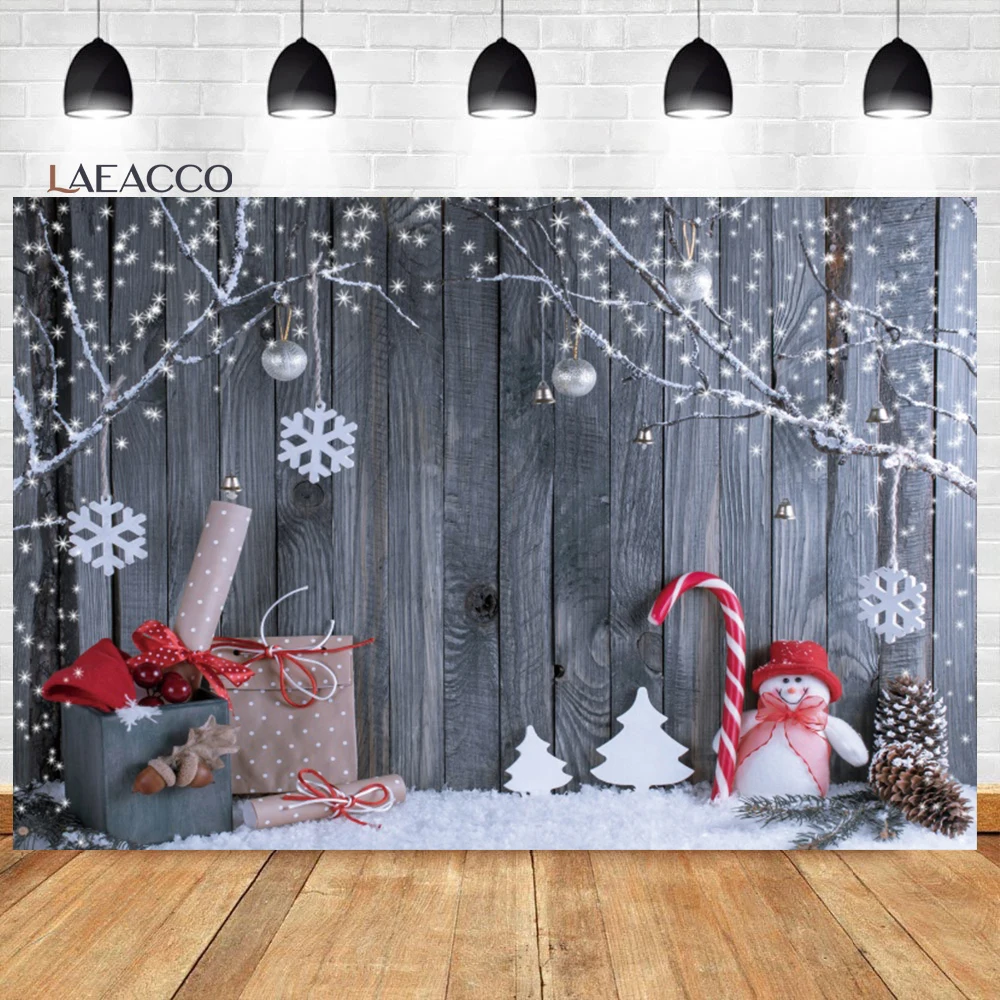 Dreamy Christmas Backdrops Wooden Board Pines Snowflake Lights Ball Photography Backgrounds Winter Photophone For Photo Studio