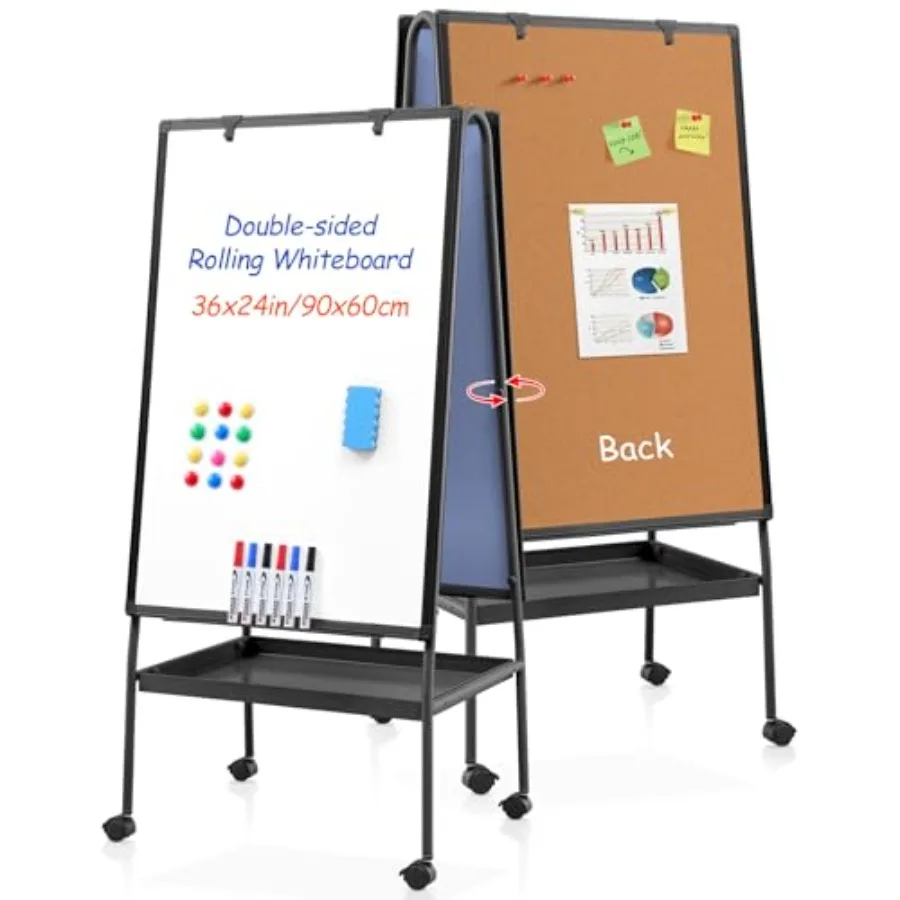 

Двусторонняя мобильная доска на колесиках 36x24 дюйма: маркерная и пробковая доска с лотком для хранения для офиса и учебных классов