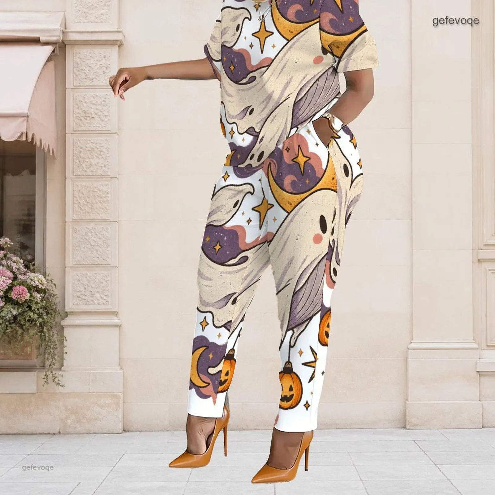 Autumn Graphic Print Plus Size Sets Women O Neck Cute Plus Size Clothes Womens Clothing For Halloween Holiday Party Ocn