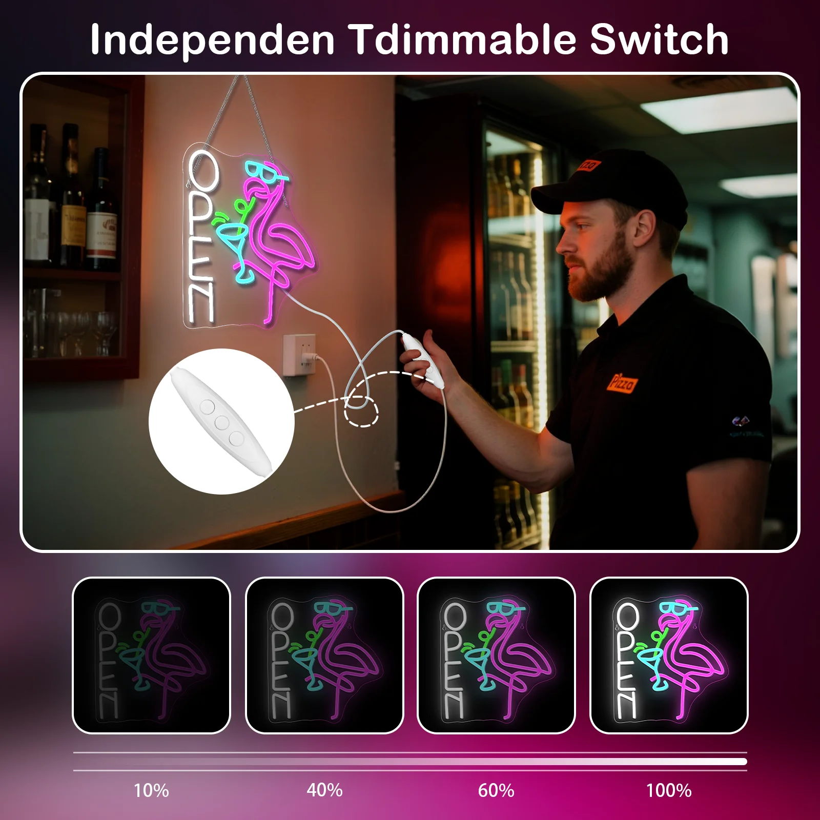 Flamingo Cocktail Open Neon Sign USB Powered Dimmable Neon Light for Living Room Bar Club Wall Decor Personzalized Kids Gift