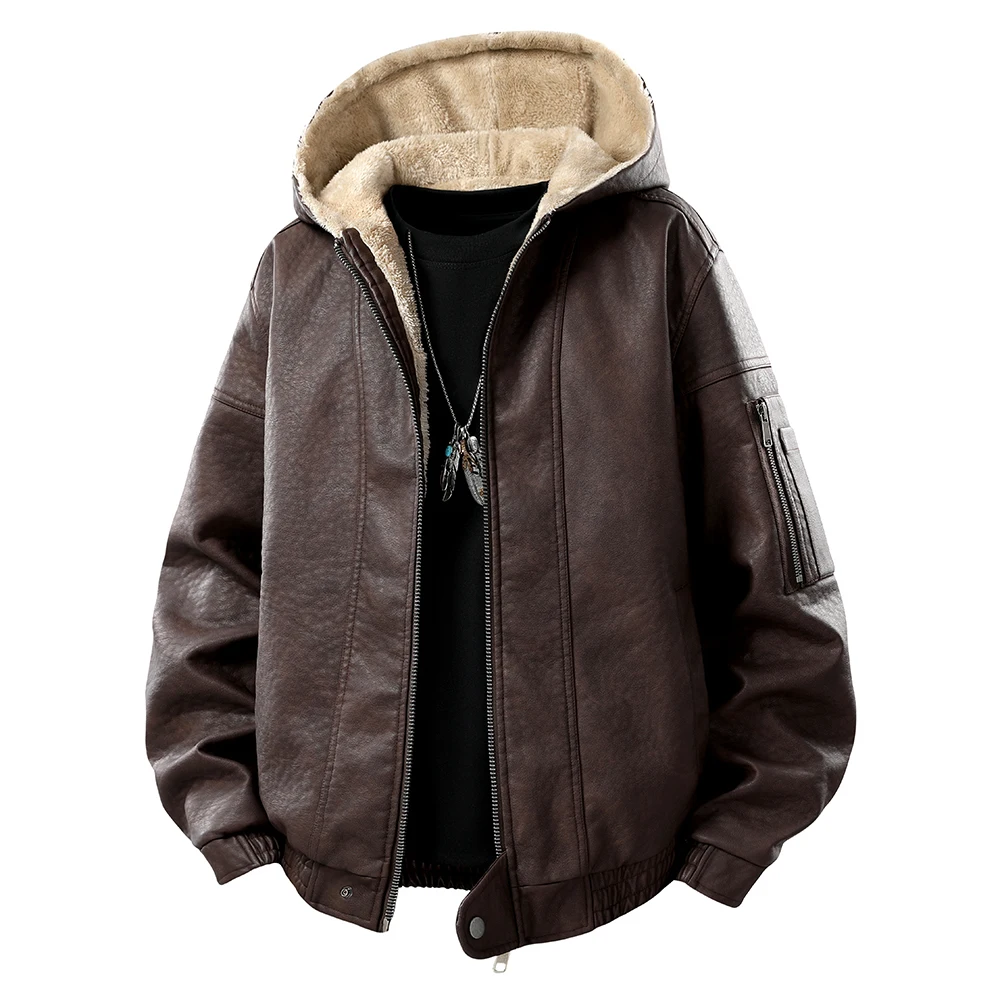 Men's Fashion Casual Leather Jacket Winter Thick Warm Hooded Jacket Outdoor Thickened Windproof Hoodie Coat Trend Biker Jacket