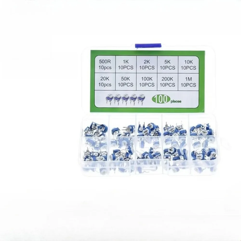 

100Pcs 10 Values RM065 Blue White Trimmer Potentiometer 6MM Adjustable Resistor Assortment Kit with Storage Case for Circuit Des