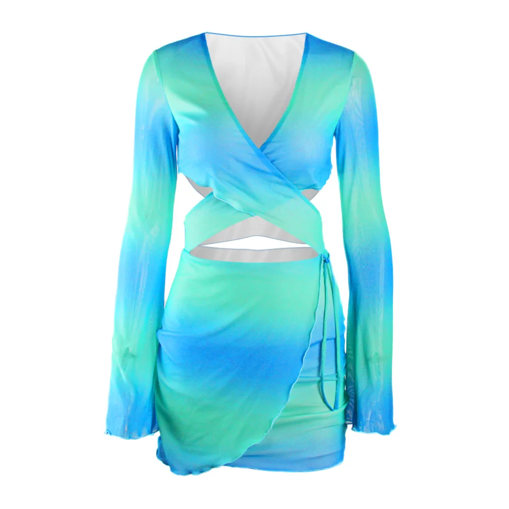 Été nouveau Long Sve Me imprimer creux profond V moulante couleur Blo ort jupe femmes Sexy Dr taille haute Net tissu