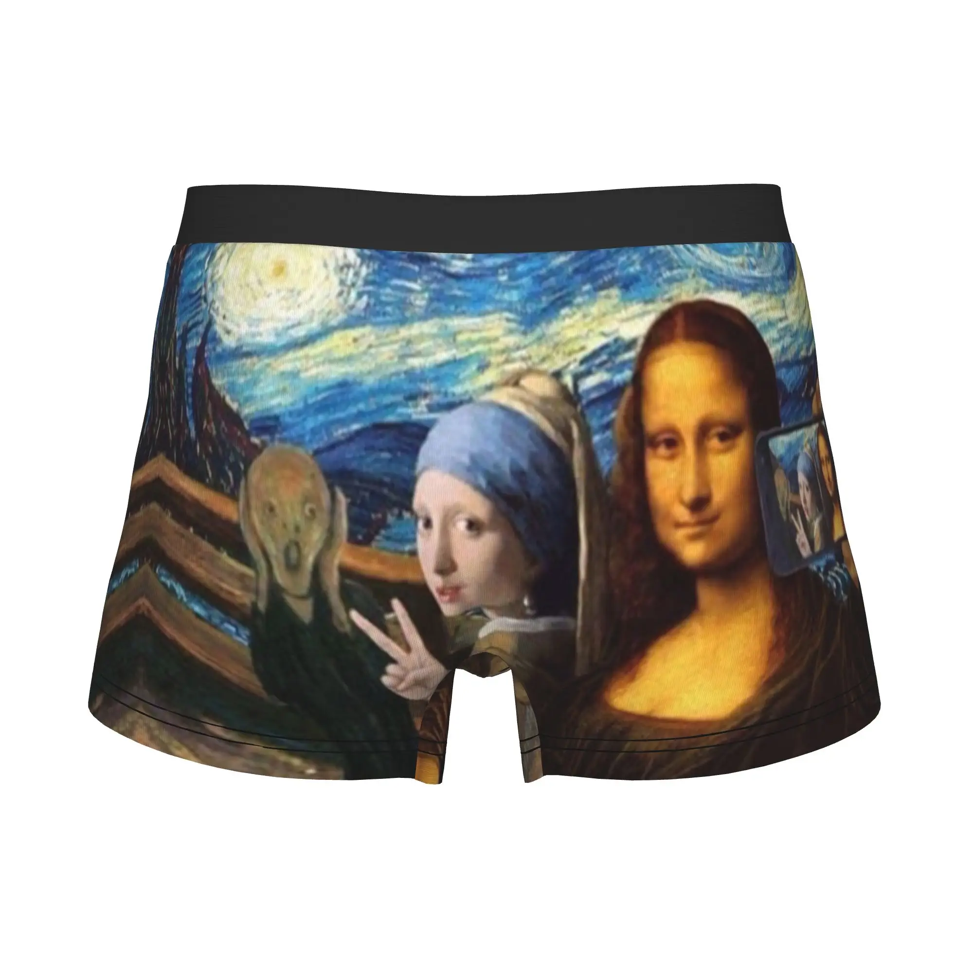 Starry Night By Mona Lisa and Vincent Van Gogh Boxers Shorts Panties Male Underpants Breathable Art Painting Briefs Underwear