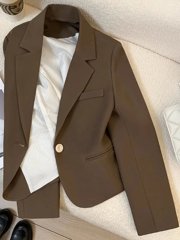 

Повседневный винтажный кофейный пиджак, пальто, женские корейские простые куртки с длинными рукавами, консервативный стиль, ретро, универсальная женская осенняя верхняя одежда