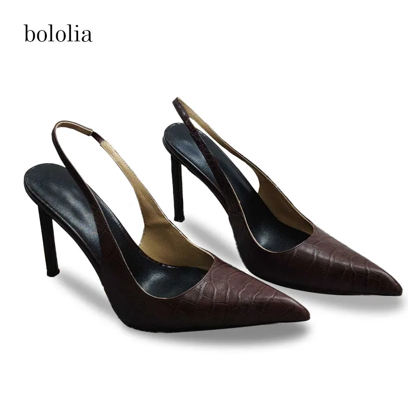 

High Quality Sexy Pointed Toe Embossed High Heels Slingback Sandals Genuine Leather Pumps Women Elegant Party Office Shoe