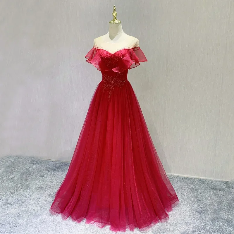

Customized Evening Dress Wine Red Tulle Beads O-neck Ruffles Short Sleeves A-Line Floor-Length Plus size Woman Party Formal Gown