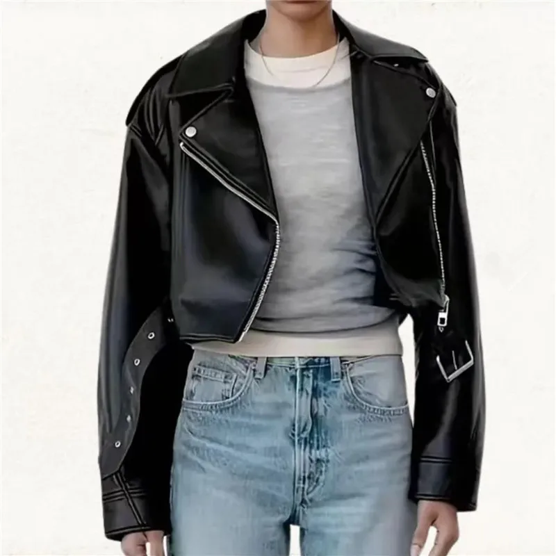 

Autumn Fashion Contrast Color Faux Pu Leather Suit Jacket Women Casual Notched Collar Single-Breasted Long Sleeve Blazers Coat
