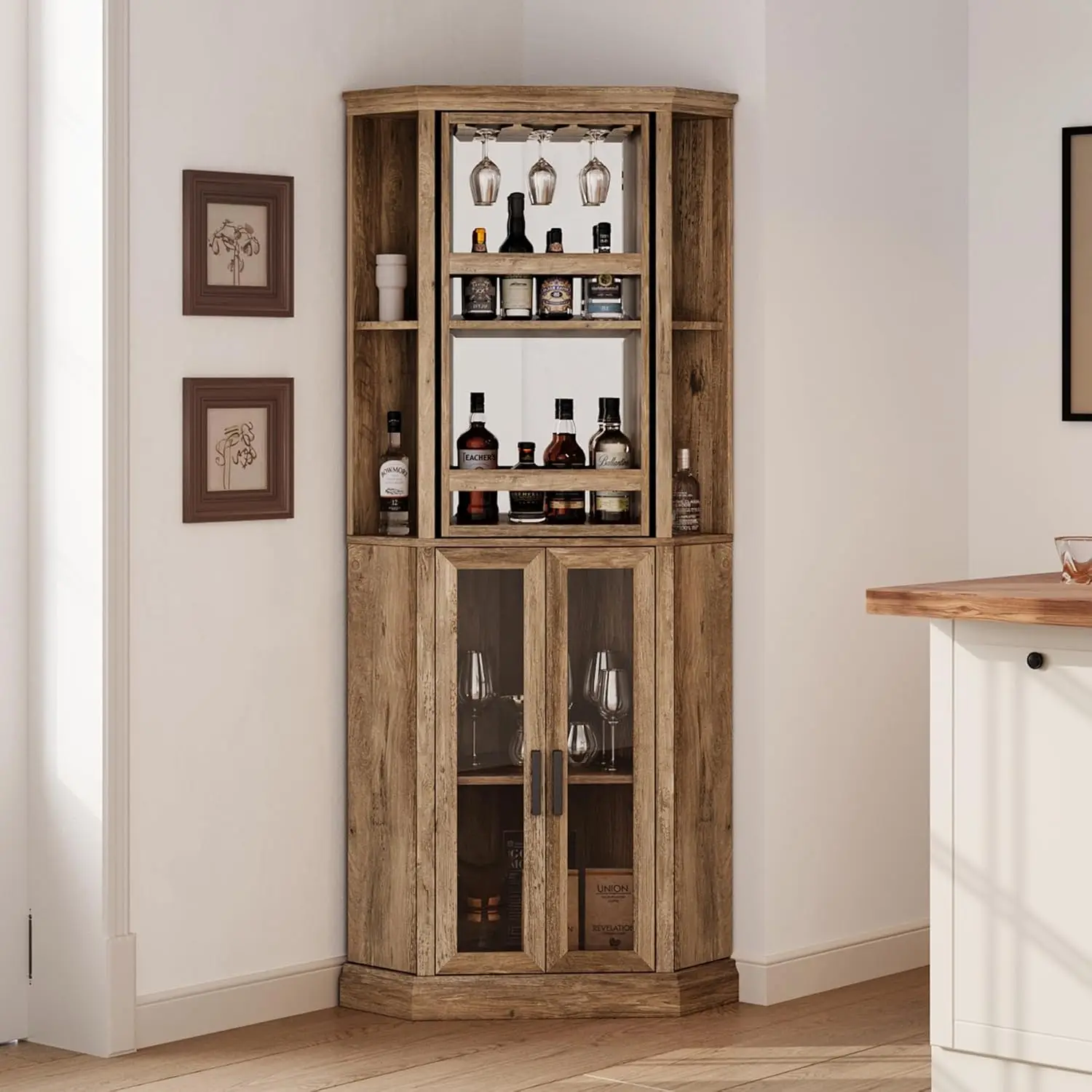 

Corner Bar Cabinet, 68.5"" Tall Farmhouse Wine Cabinet With Rotating Liquor Shelves, Home Bar Cabinet With Barn Door &