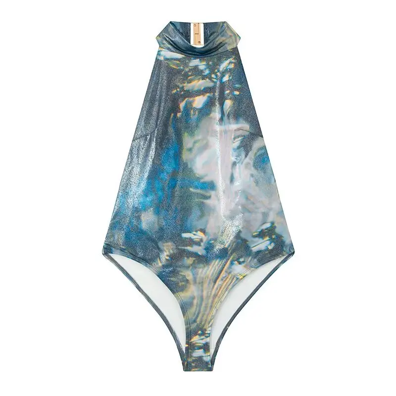 

2025 Summer New Women's One-Piece Swimsuit High Ne Versatile Pattern Matching Polyester mid Waist ort Pants