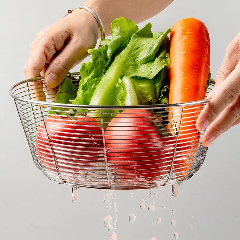 Stainless Steel Drain Basket - Kitchen Sink Vegetable Strainer, Round Fruit Storage Rack for Home Use