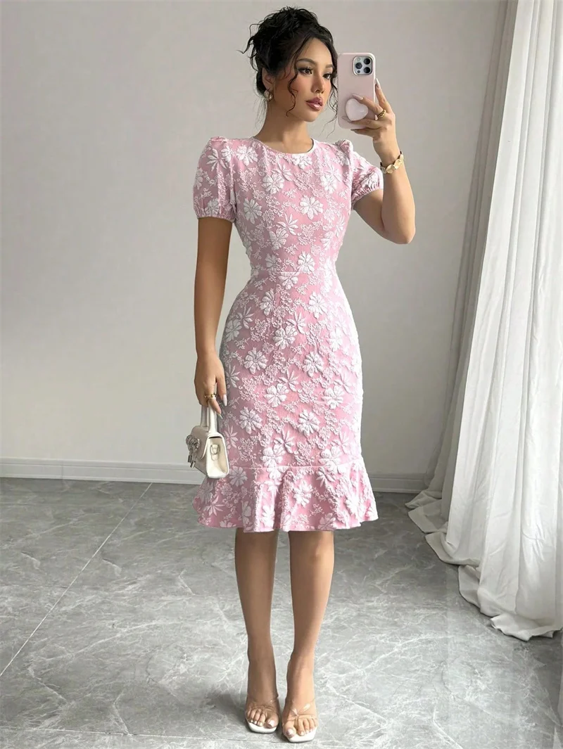 2025 moda verão manga curta vestido jacquard feminino o pescoço magro sexy bainha vestidos casuais senhora streetwear vestidos de babados