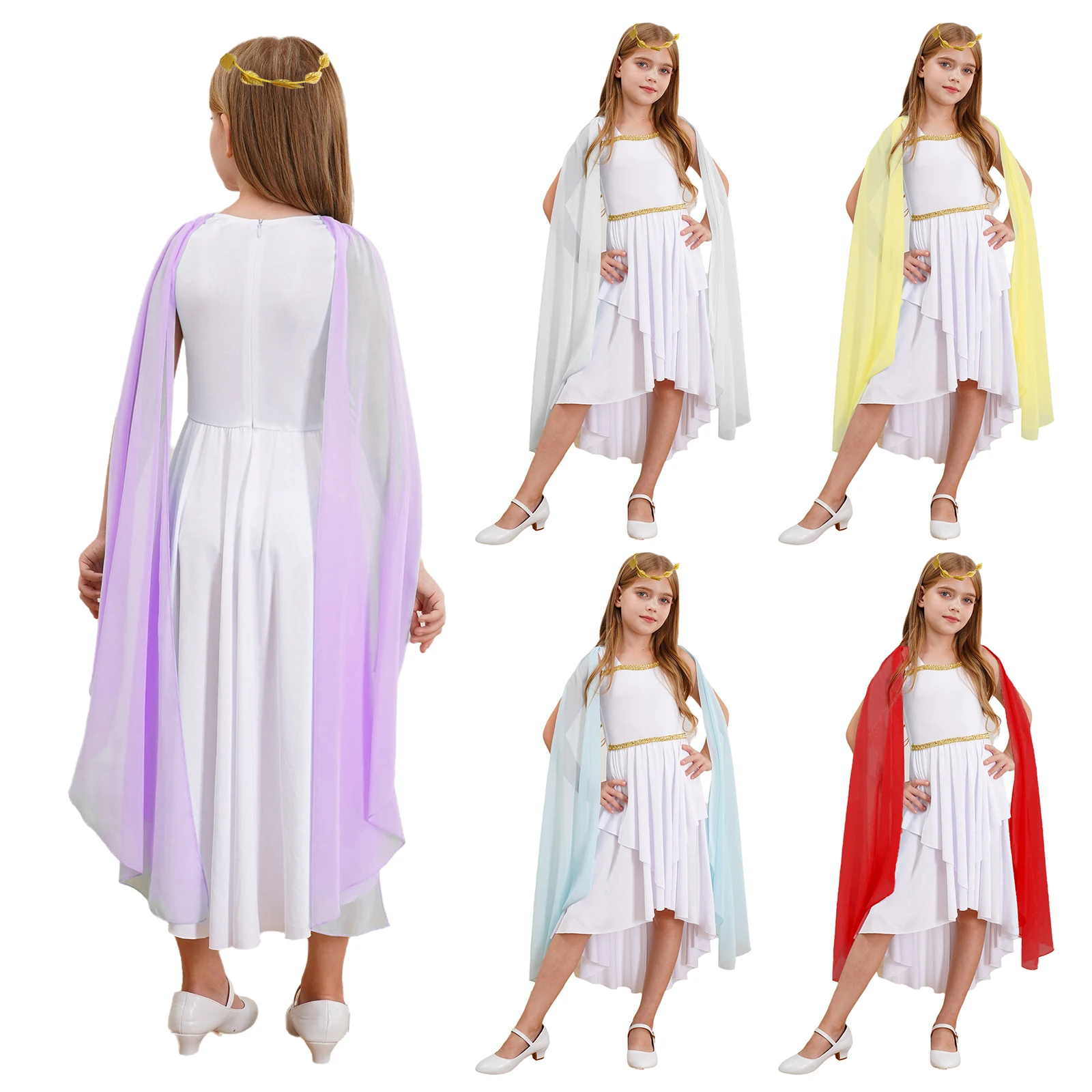 6-16 Girls Ballet Dancwear Halloween Ancient Greek Athena Goddesses Princess Cosplay Costume Roman Toga Dress Cape Sleeve Gown