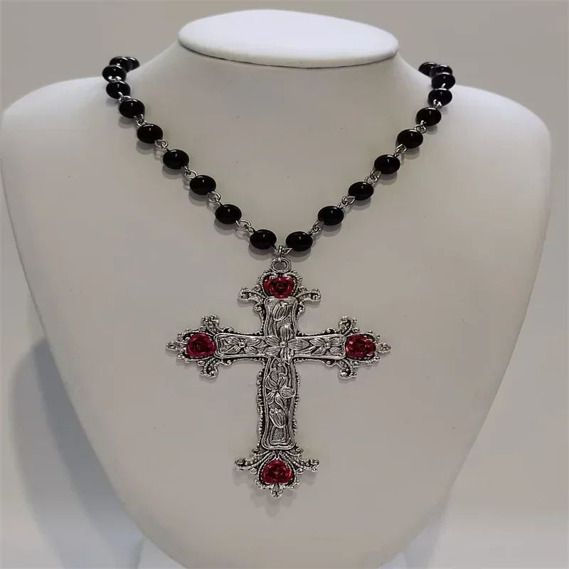 2022 Large Detailed Cross Drill Pendant Jewel Necklace Black Rosary Gothic Punk Jewellery Fashion Charm Statement Women Gift