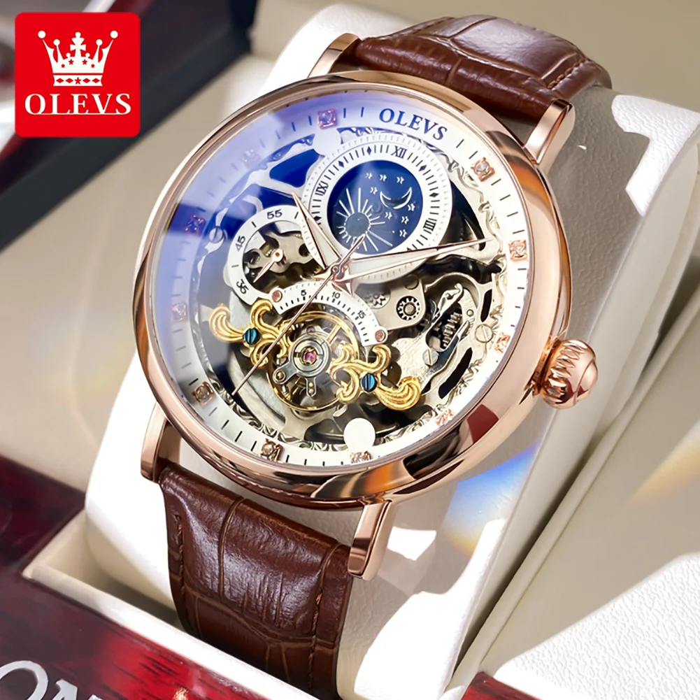 

OLEVS Top Brand Luxury Mechanical Watch Men Leather Waterproof Moon Phase Automatic Wristatches Man Clock with Luminous Hands