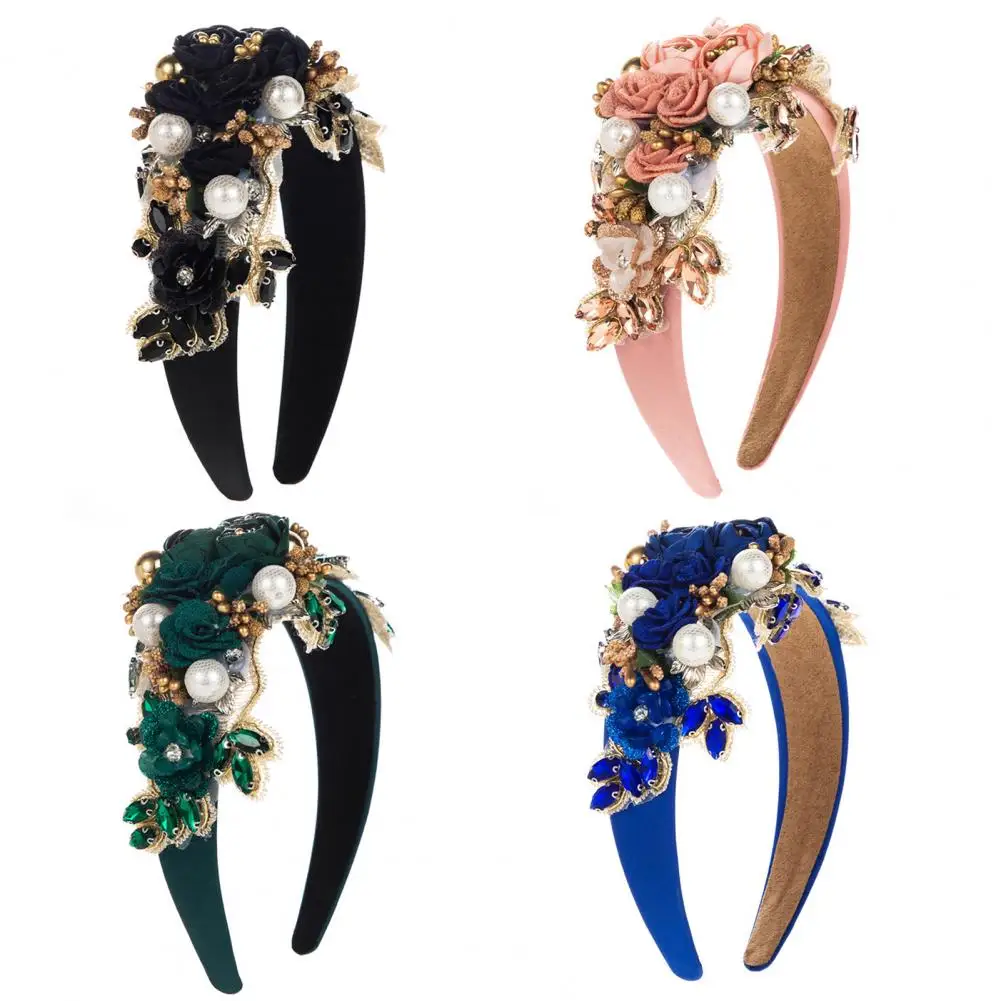 Vintage Headband Wide Vintage Luxury Women\'s Hair Hoop with Fake Flower Faux Pearl Shiny Rhinestone Decor Colorful Anti-slip