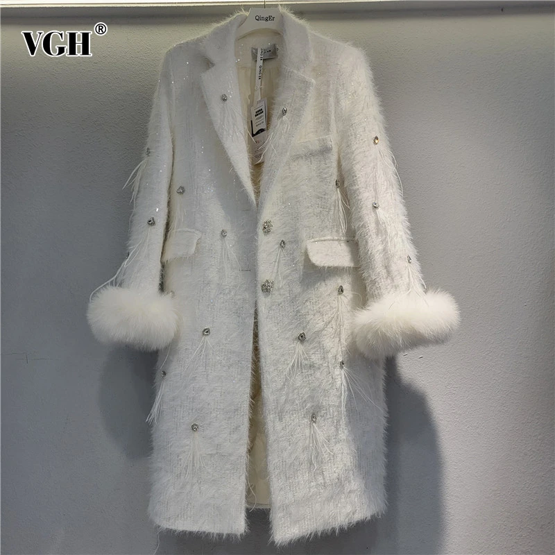 VGH Spliced Tassel Coat for Women Lapel Long Sleeve with Fur Patchwork Dimonds Elegant Blazer Trench Female Clothes Winter Style