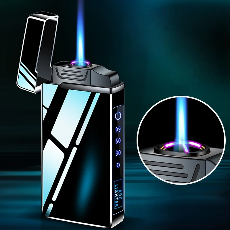 Power Display USB Charging Plasma Gas Lighter with Flashlight 3-in-1 Jet Lighter Metal Windproof Lighter High-end Smoking Gift