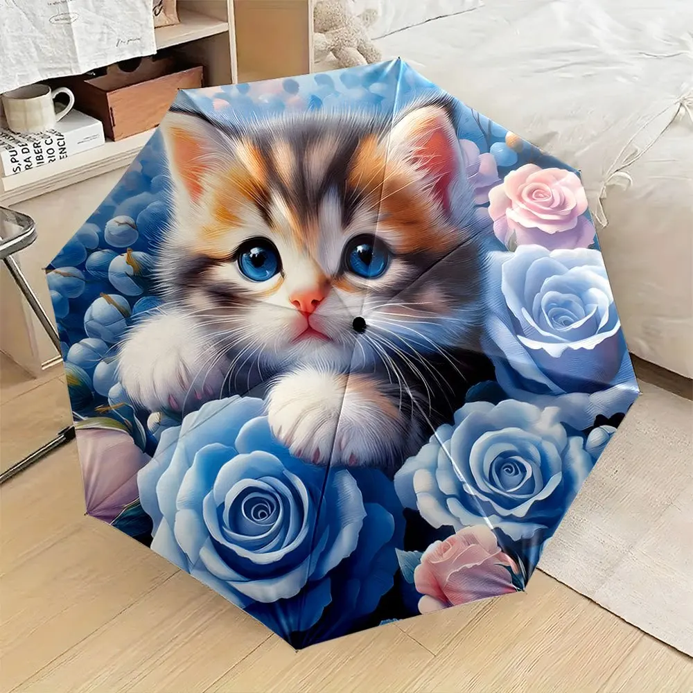 Paraguas Plegable Portátil |   Lindo Gatito con Ojos Azules Vivos Entrelazado entre Rosas Azules y Rosas Rosadas |   Material de hierro y pongee, 8 R