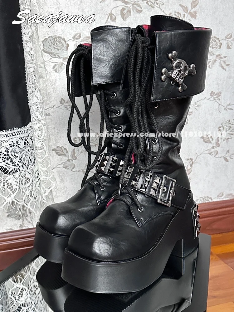 

Punk Style Metal Rivet Front Lace Up Chunky Heel Boots All-Match Size 34-40 Metal Skull INS Boots Matte Y2k INS Motorcycle Boots