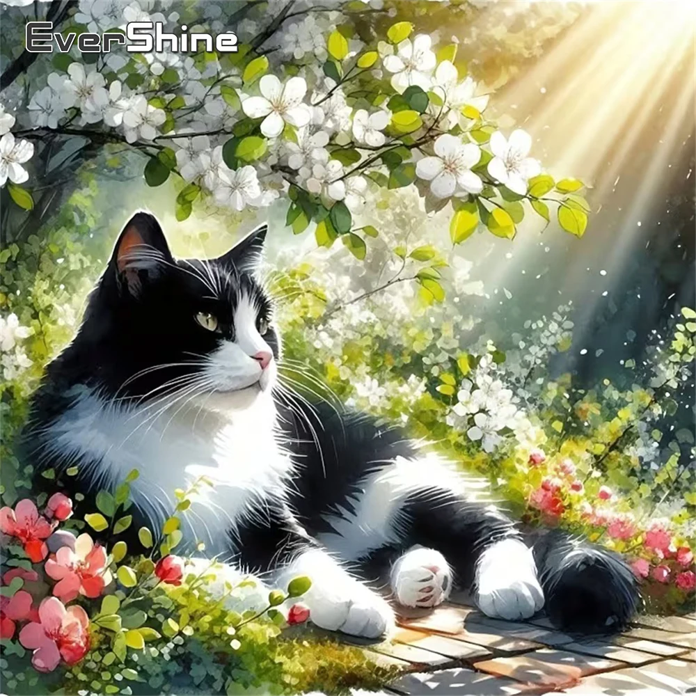 Evershine 5D DIY Diamond Embroidery Cat Animal Painting Acrylic Craft Supplies Full Square Round Diamond Mosaic Flower Wall Art