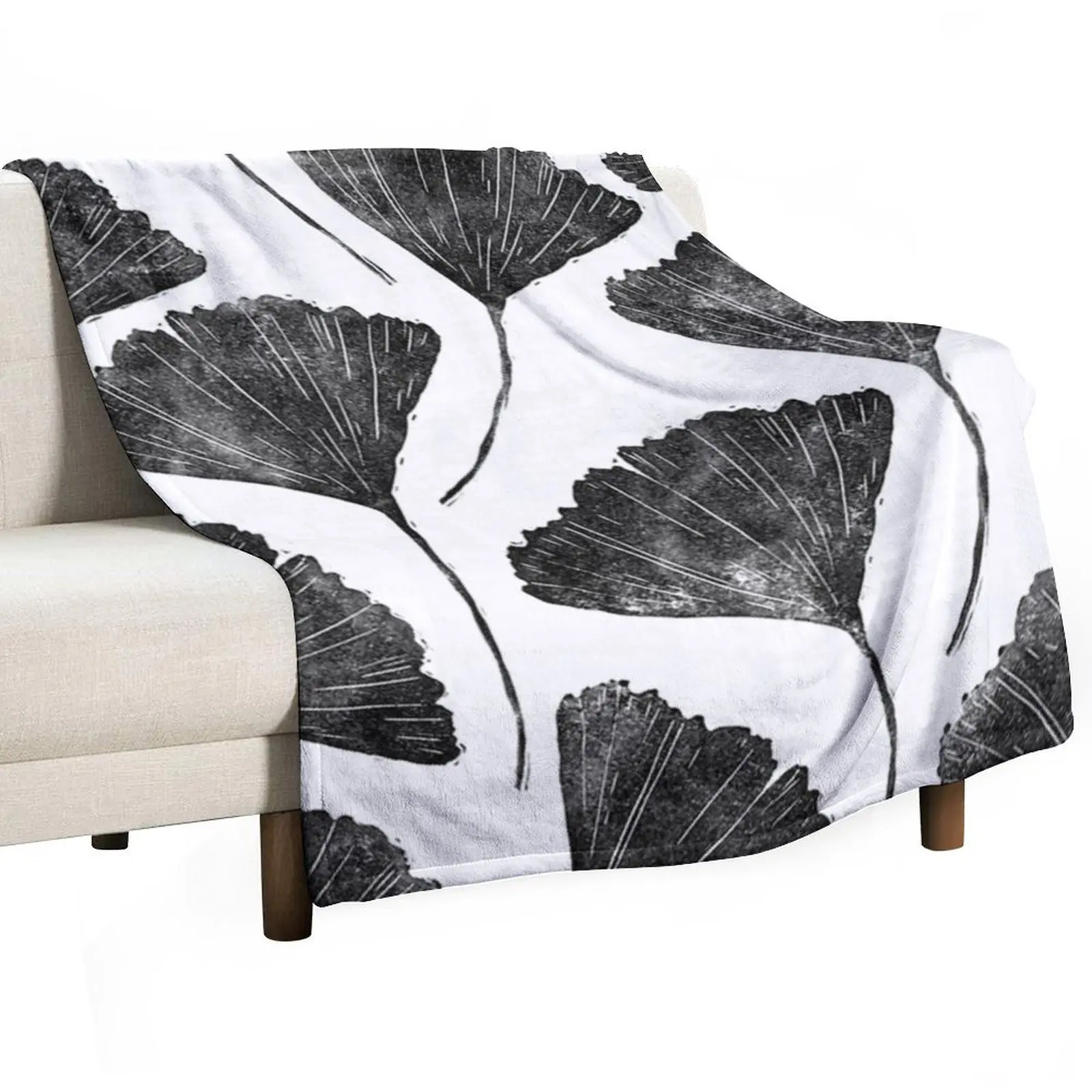 Ginkgo biloba, Lino cut nature inspired leaf pattern Throw Blanket Soft Plaid Stuffeds funny gift Blankets