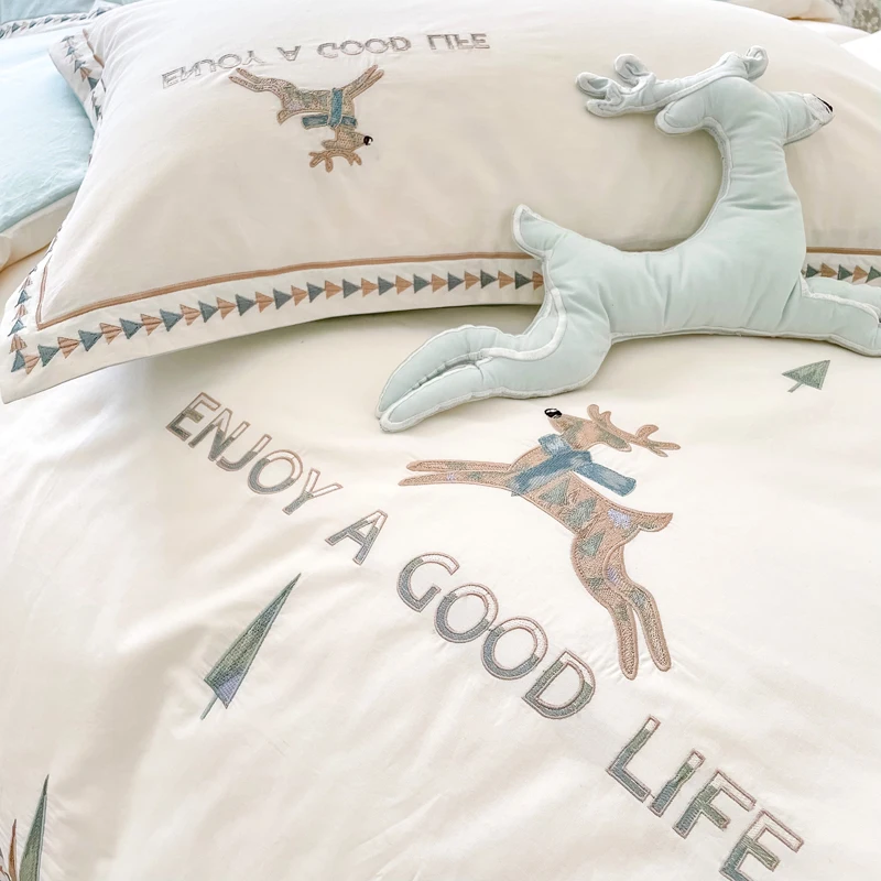 Mist deer embroidery four-piece set washed cotton bedding soft small fresh bed sheet quilt cover pure cotton