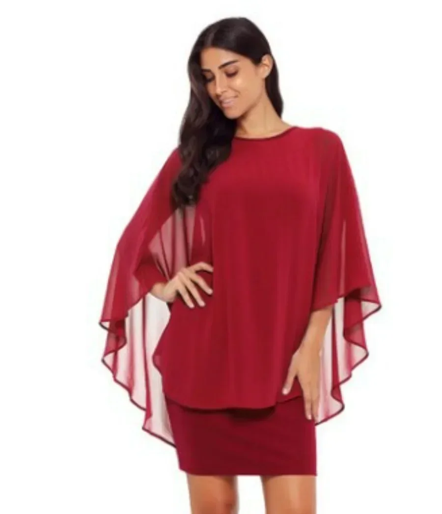 2024Women\'s Summer Casual Dress Solid Oversized Batwing Sleeve Hip Wrap Office Chiffon Shawl Fake Two Pieces Gown Dress Vestidos