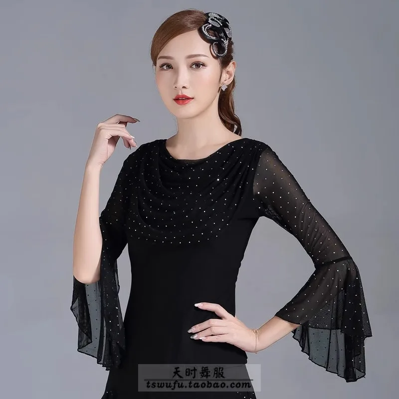 Aangepaste nieuwe zwarte en rode contrasterende pailletten Gitaba Sailor Dance Latin danskleding vierkante moderne ballroomdans top