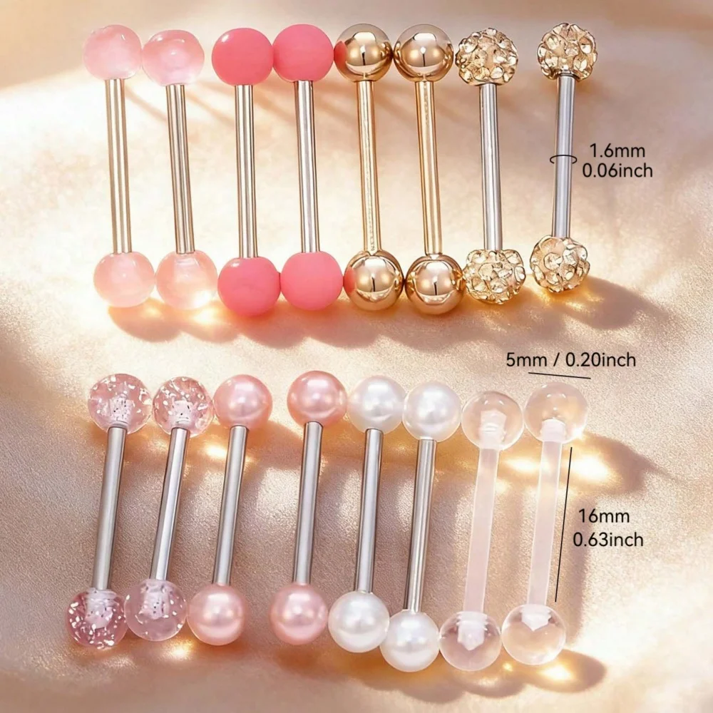 16pcs Assorted Color Ball Style Tongue Rings & Nipple Rings, Stainless Steel Shaft With Crystal Ball & Faux Pearl Decor