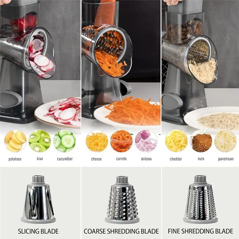 ABUN Cheese Grater, Hand Crank Rotary Vegetable Shredder, Multifunctional Slicer with Interchangeable Blades, Kitchen