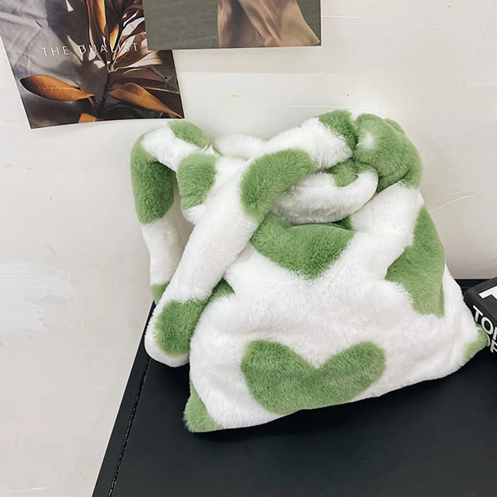 

Female Fluffy Plush Heart Pattern Handbag Large Shoulder Bag (Green)