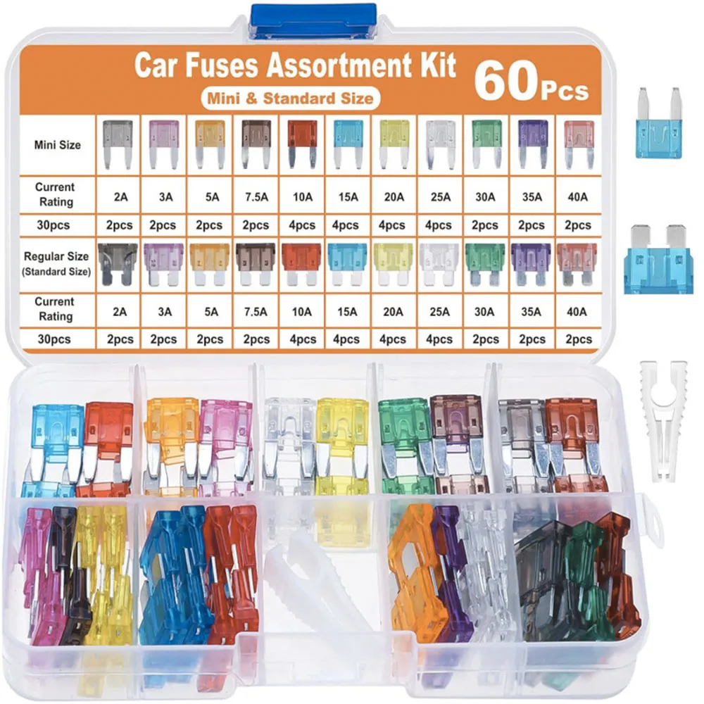 60Pcs Fuse Assortment Kit (2Amp 3A 5A 7.5A 10A 15A 20A 25A 30A 35A 40A) - 30 Mini Blade Fuses + 30 Standard Fuses + Fuse Puller