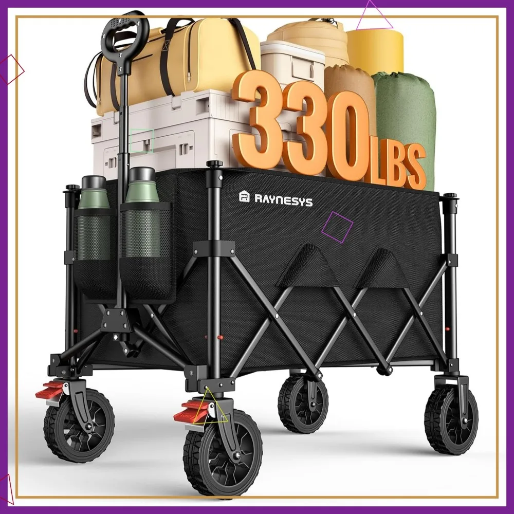 Carrinho de vagão dobrável com capacidade de 330 libras, rodas para todo terreno com freios, carrinho utilitário dobrável para esportes de compras de acampamento