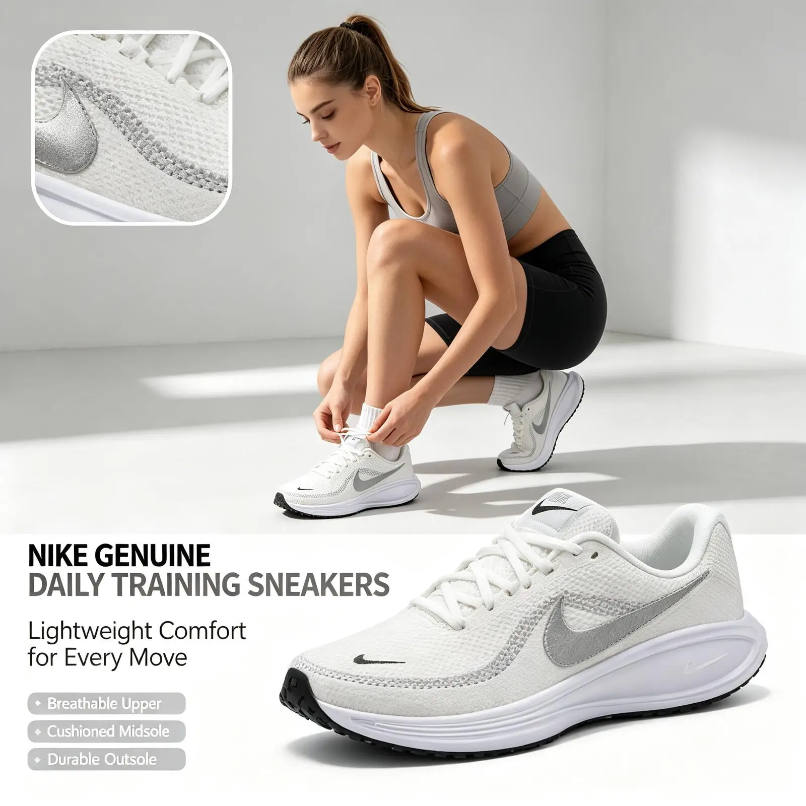 Nike Genuine Running Sneakers for Women W NIKE REVOLUTION 8White Black Blue Lightweight Cushioned Breathable Mesh Training Shoes