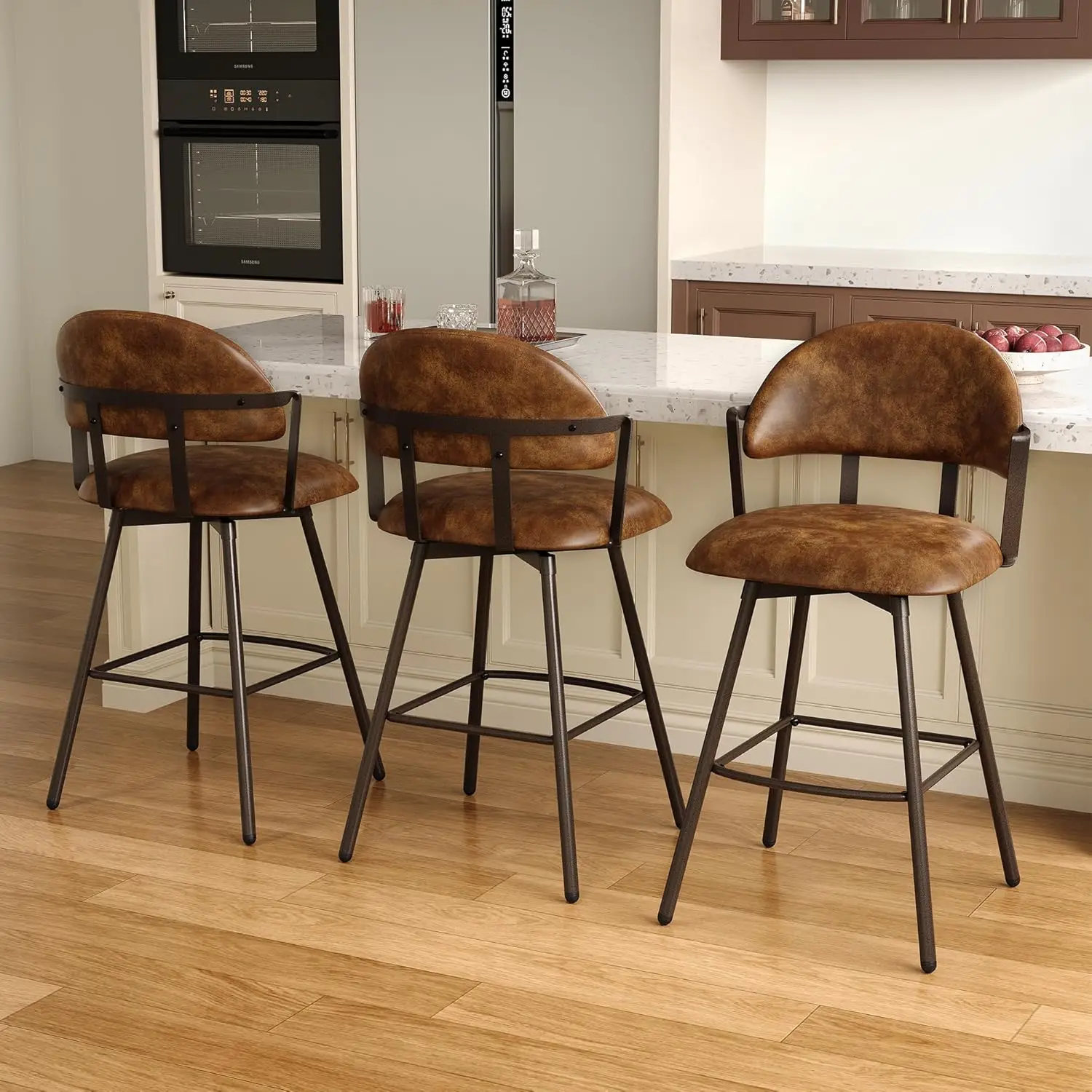 

Набор из 3 барных стульев 26 дюймов, современные поворотные барные стулья для барной стойки с спинками и металлическими ножками, из искусственной кожи, на заказ