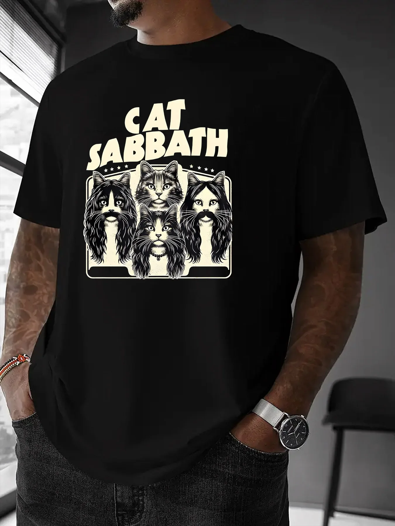 

Мужская повседневная футболка с рисунком рок-кота, футболка унисекс с короткими рукавами и круглым вырезом с принтом «CAT SABRATH», мягкая смесь полиэстера