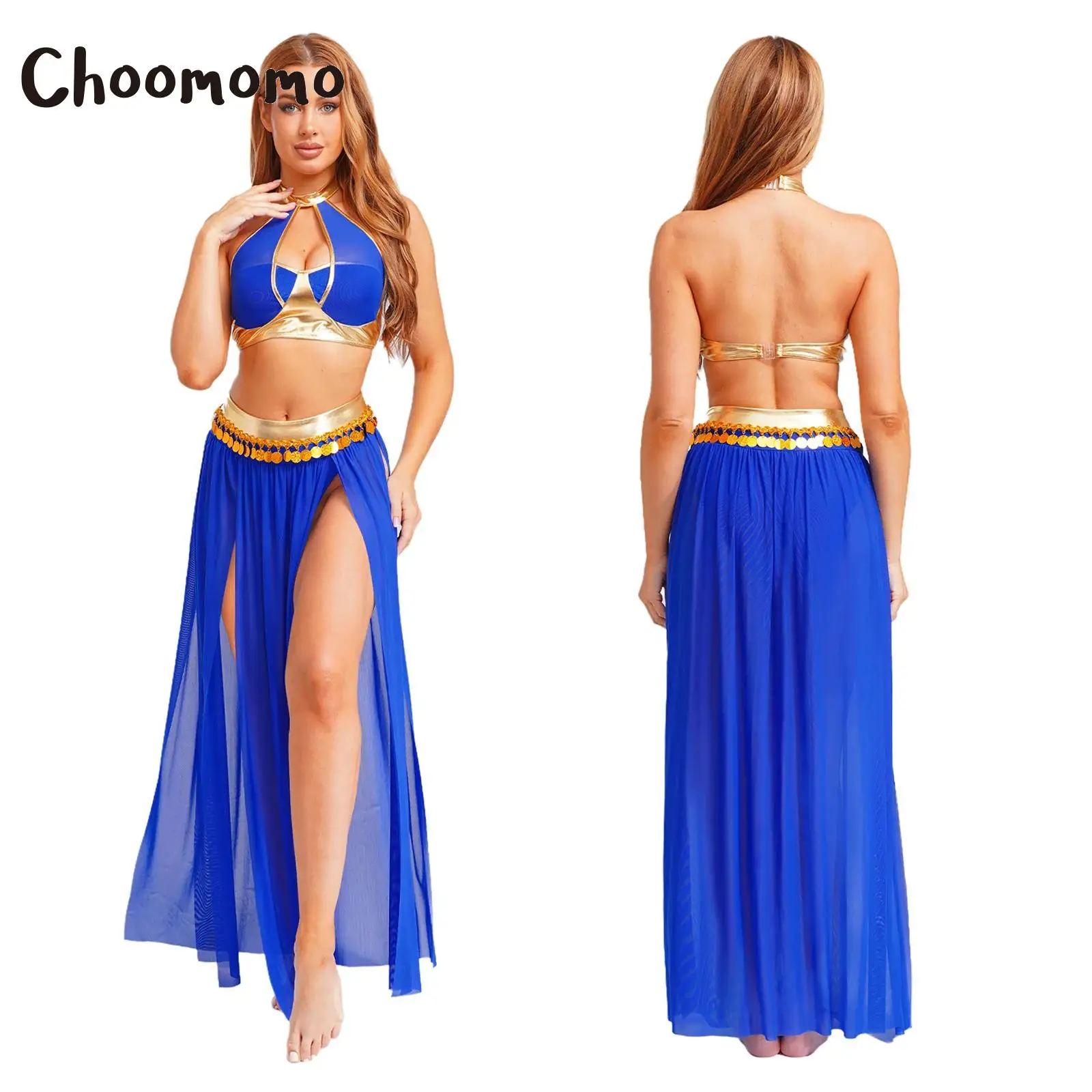 

Women Cleopatra Cosplay Costume Ancient Rome Egyptian Crop Top And Metallic Tassel Split Mesh Skirt Halloween Belly Dance Outfit