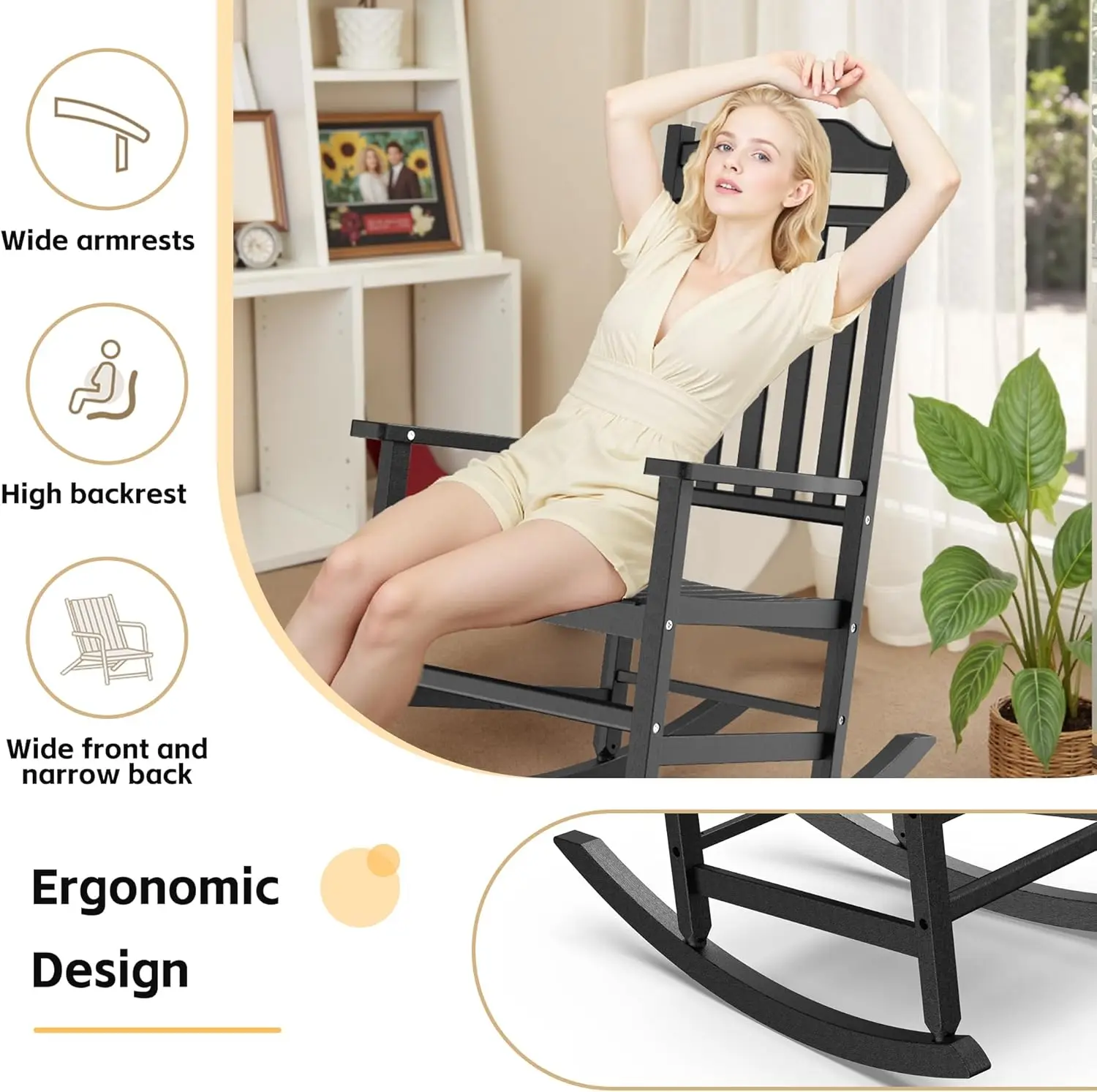 Set 2 sedie a dondolo da patio, poliresina resistente agli agenti atmosferici, schienale alto oversize, 350 libbre, per interni ed esterni, nero